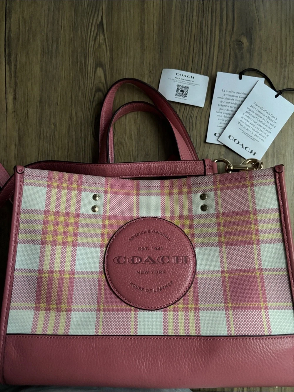 Coach Pink Plaid Canvas Tote with Leather Trim